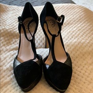 Vince Camuto silver and black suede heels